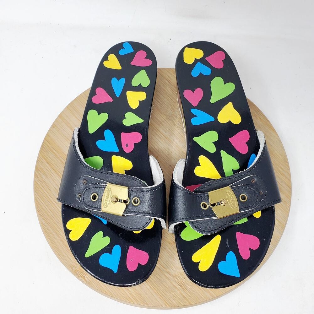 Dr Scholls Wooden Slide Sandals Womens 7 Original Clog Black Hearts Custom Paint